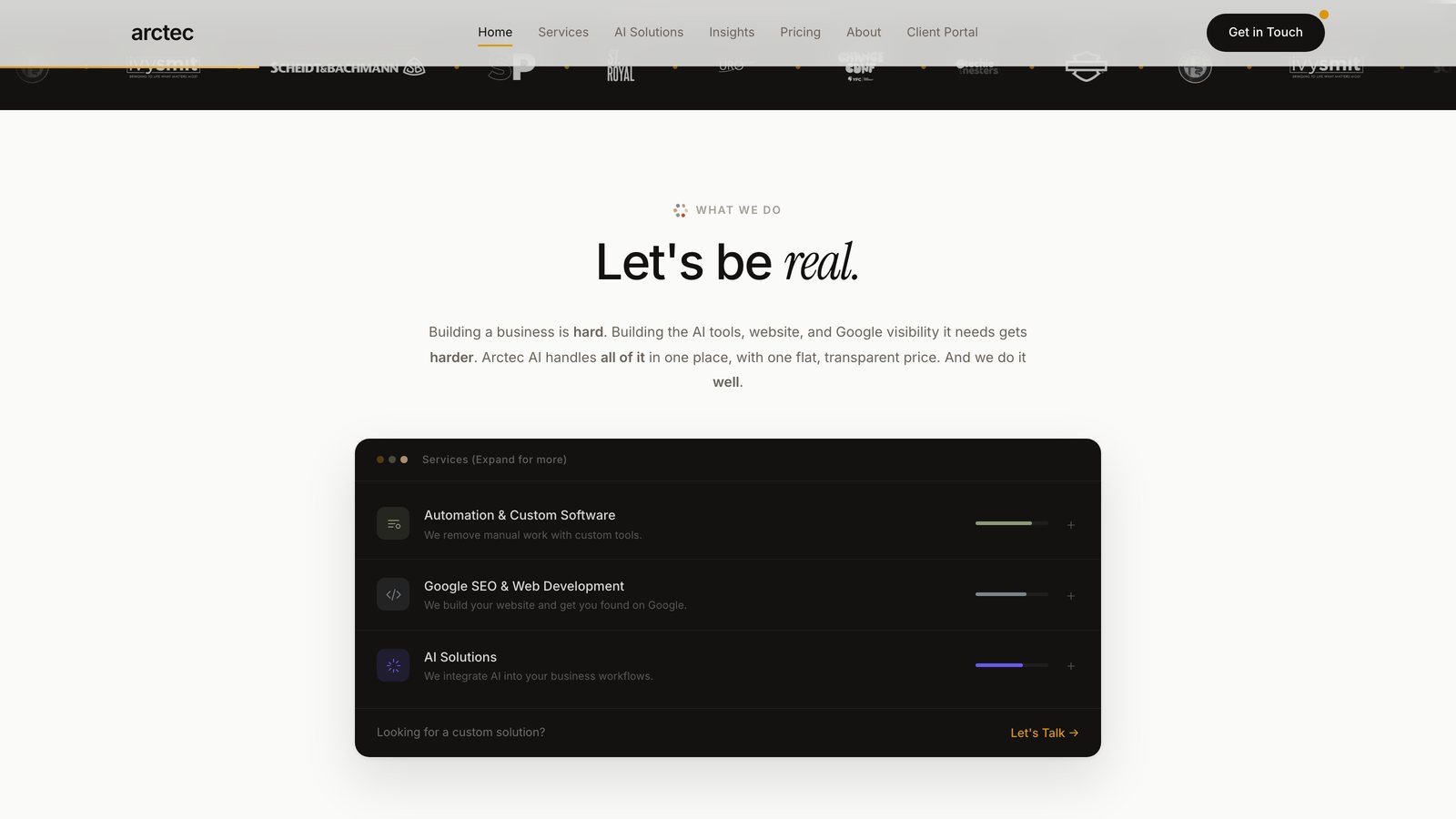 The What we do section on the Arctec AI homepage, with a list of its three services
