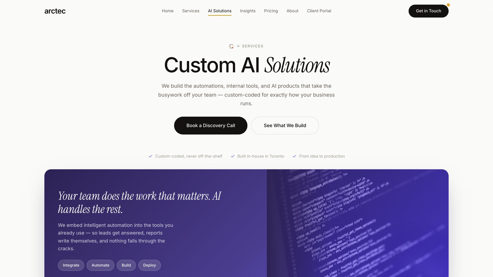 Custom AI Solutions page, with a purple panel about automation