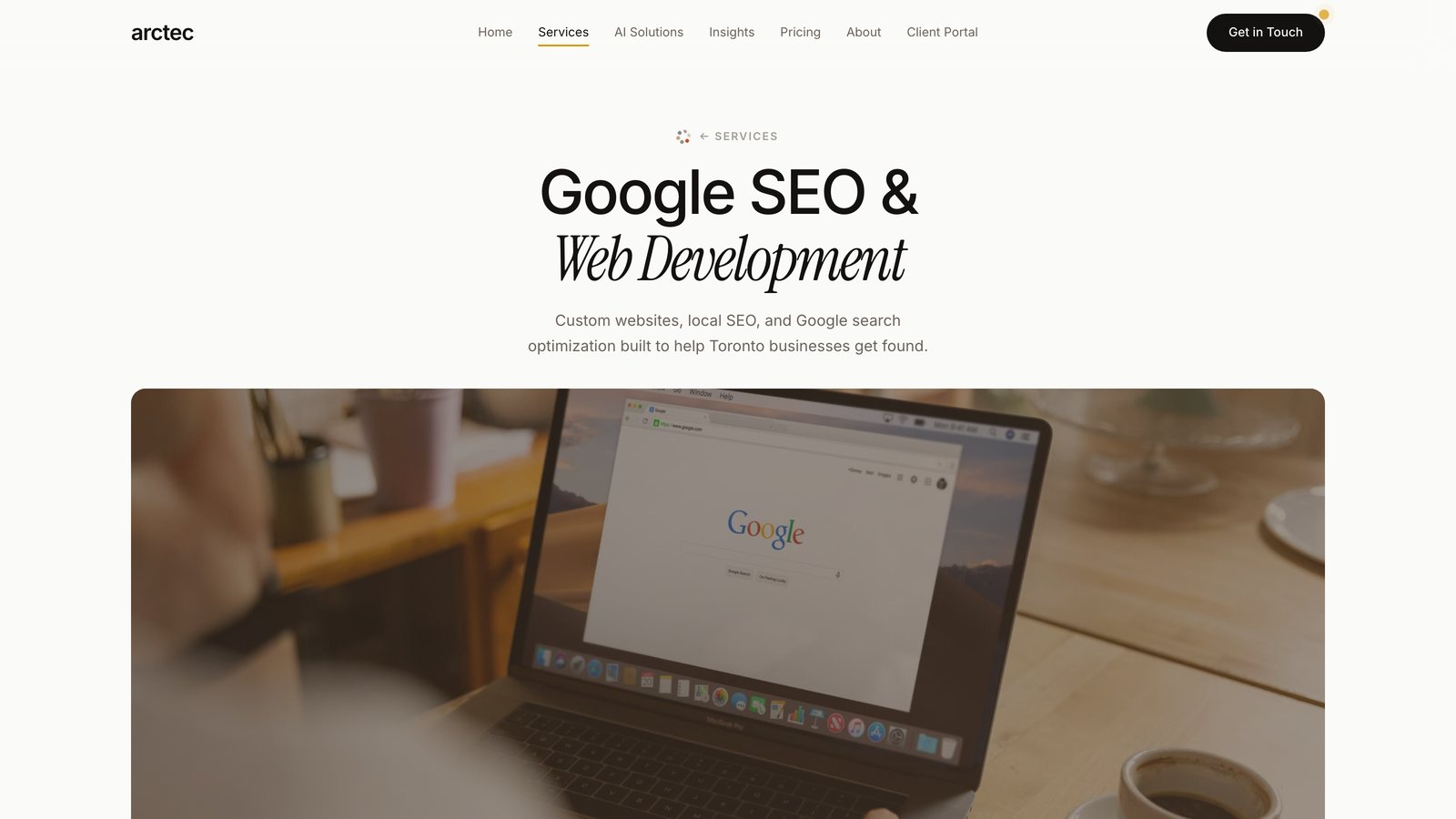 Google SEO and Web Development page, with a laptop showing a search page