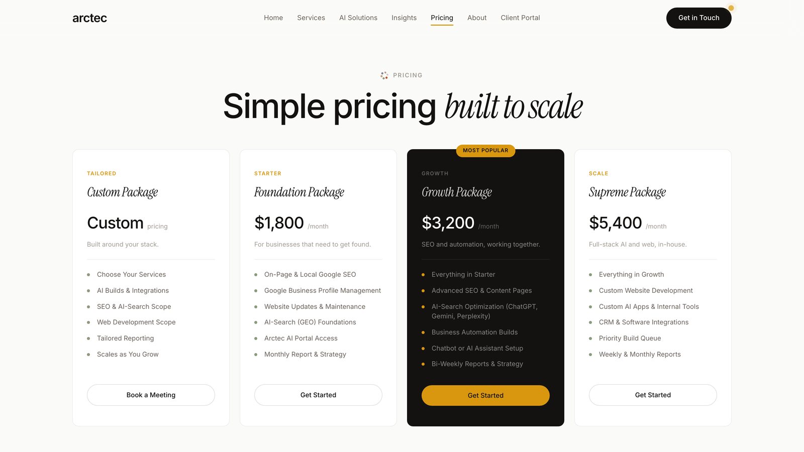Pricing page with four packages side by side