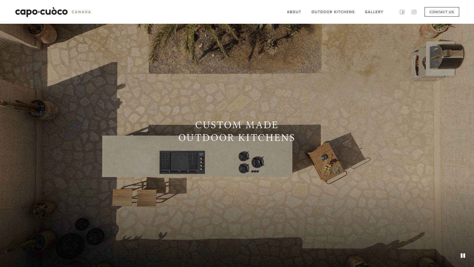 Capo Cuòco Canada homepage: an aerial photograph of an outdoor kitchen island in a stone courtyard, titled Custom Made Outdoor Kitchens