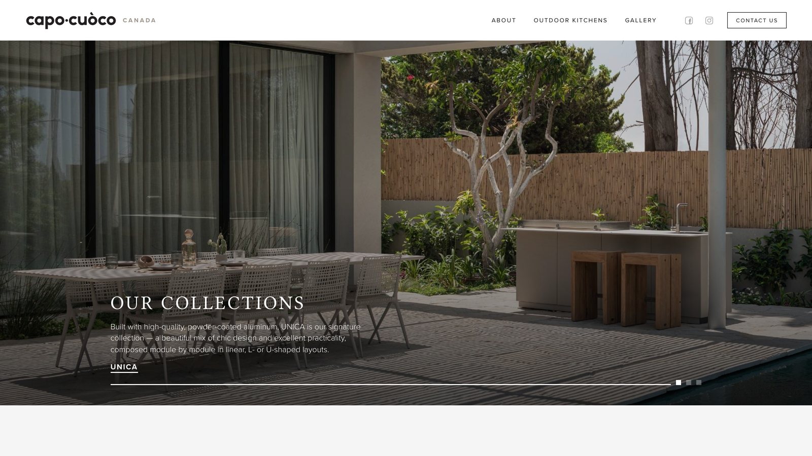 The Our Collections slider on the Capo Cuòco Canada homepage, showing UNICA beside a dining table on a covered terrace