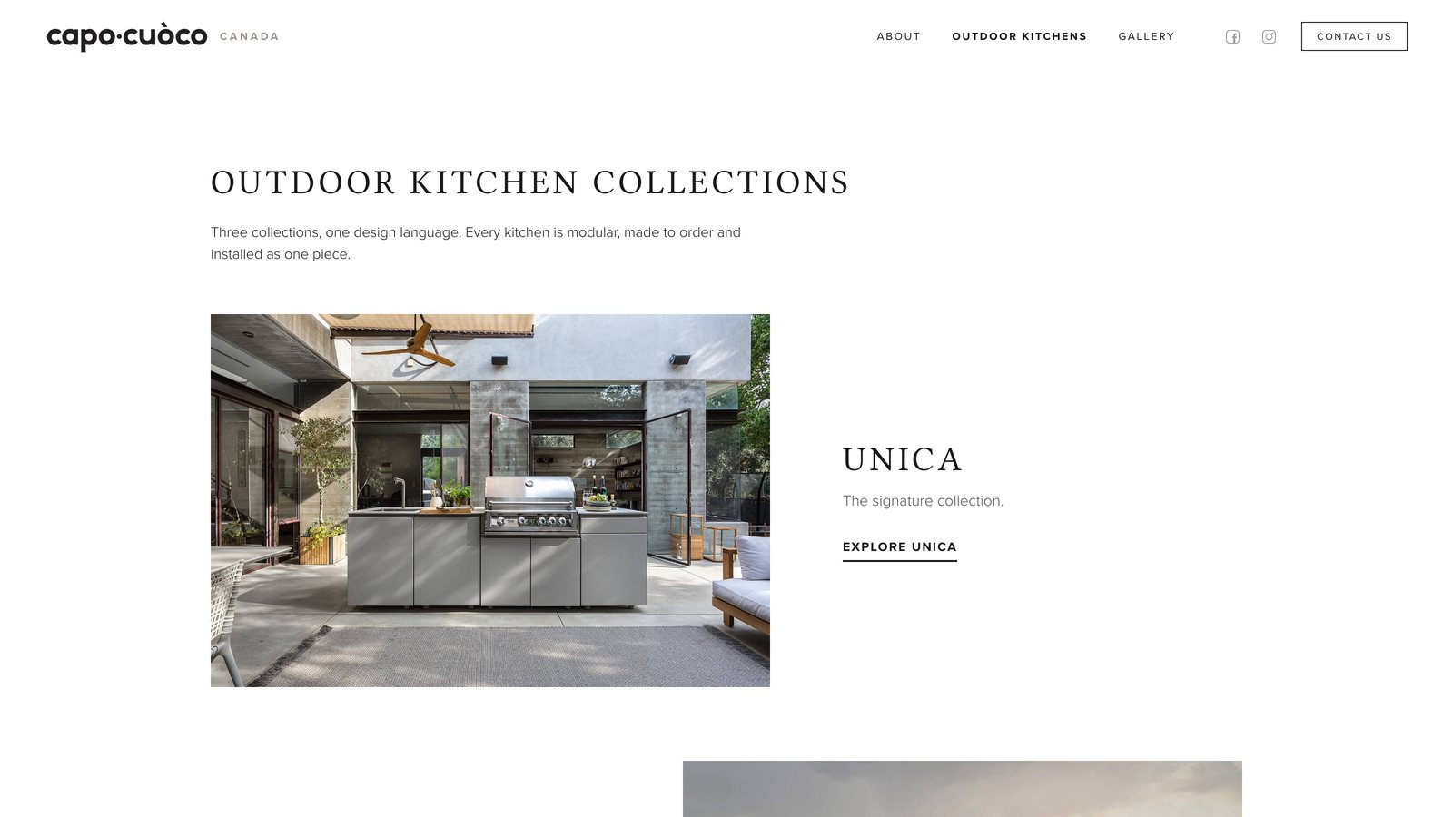 Outdoor Kitchen Collections page: the title, then a row for UNICA with a grey kitchen under a roofed pavilion