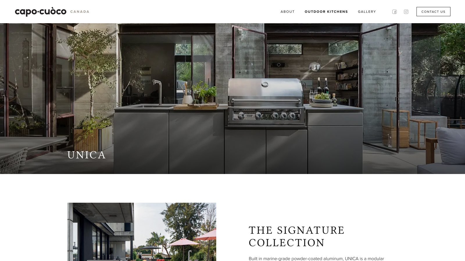 UNICA collection page: a grey outdoor kitchen with a built-in grill, then the signature collection introduction